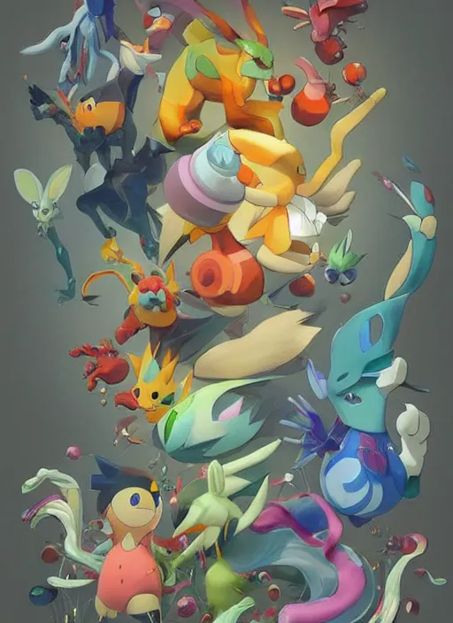 Image similar to colourful caricature - 3 d vfx art - of a pokemon, art style by james jean & hsiao - ron cheng, character concept art, unreal engine render, digital illustration, sharp, intricate detail, volumetric light, ray tracing, soft light, symmetric, pinterest, artstation, behance,