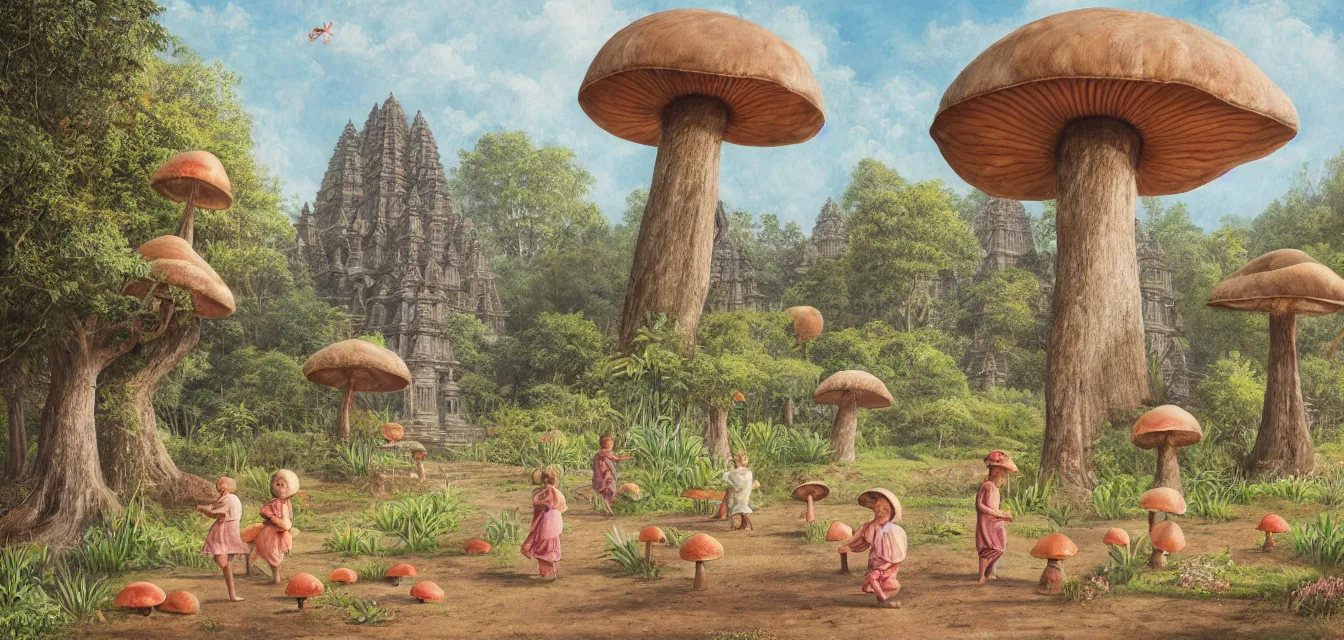 Prompt: botanical illustration of a single giant mushroom surrounded by indonesian candi temples, with children playing around it, pastel hues, janne laine, outi heiskanen, gentle morning light
