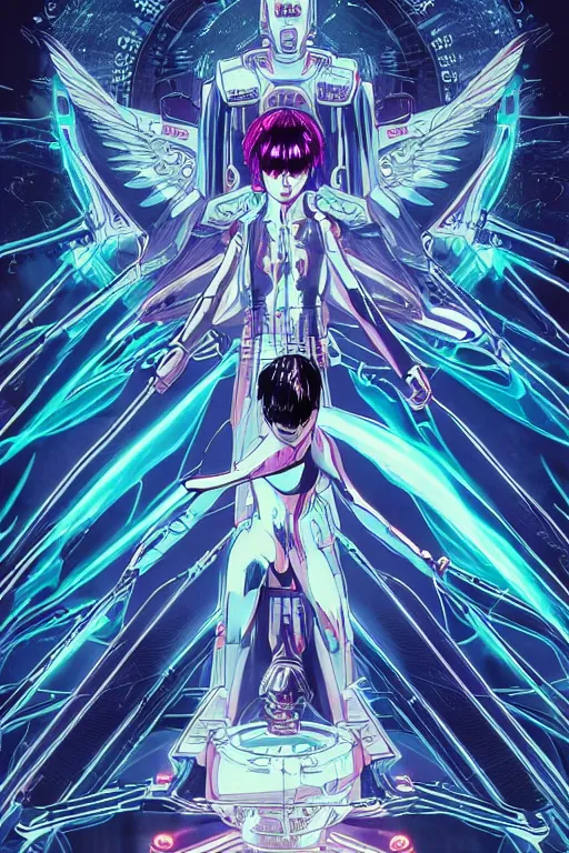 Prompt: white arc-angel with mystic robotic wings, blade runner, akira, ghost in the shell, 2077, style of Laurie Greasley and Satoshi Kon + symmetric lights and smoke, psychedelic effects , glowing particles, neon rain, glowing runes, de-noise, symmetrical composition, high detailed + tarot card, ornate border, 8k