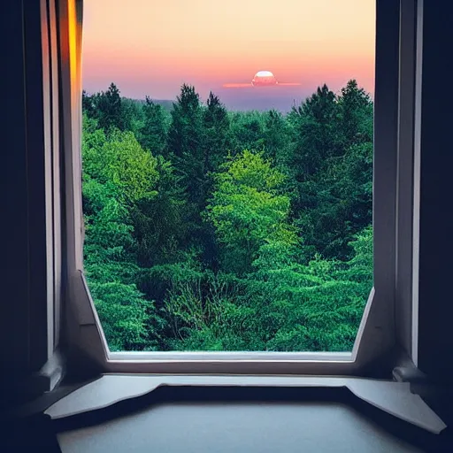 Prompt: “ view from window of beautiful forest with a sunset ”