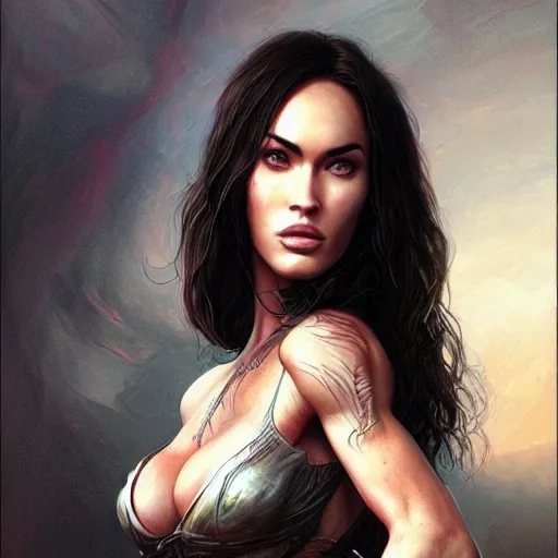 Image similar to portrait of megan fox, muscular upper body, fantasy, intricate, elegant, highly detailed, digital painting, artstation, concept art, matte, sharp focus, illustration, art by aenaluck and roberto ferri and greg rutkowski, epic fantasy, digital painting