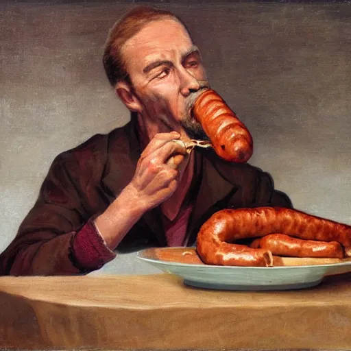 Prompt: a man eating a sausage, highly detailed.