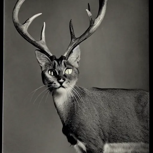 Prompt: black and white vintage photograph of a black cat with antlers, deer antlers n- 3