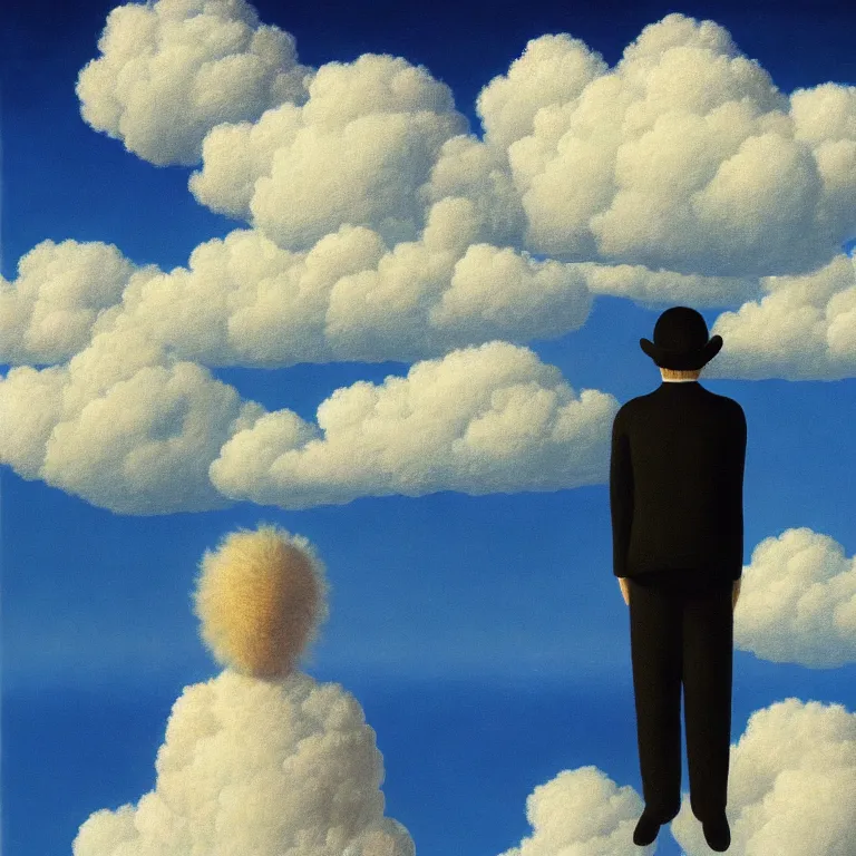 Image similar to cloud - man, by rene magritte, centered, detailed painting, hd, hq, high resolution, high detail, 4 k, 8 k