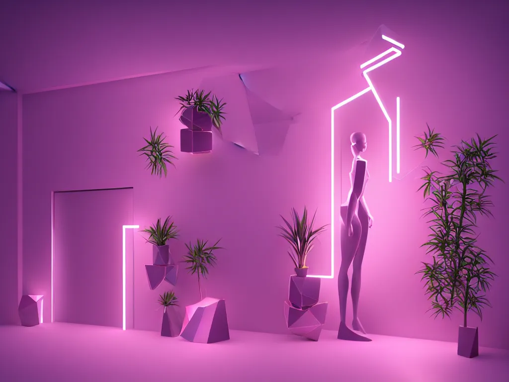 Image similar to beautiful mannequin sculpted out of amethyst by billelis + lit with geometric neon + iridescent geometric cubed bonsai plants!!!!, doorway opening with neon pink geometric light, clean linework, dramatic, finely detailed, rule of thirds, moody, award winning, 4 k, trending on artstation, photorealistic, volumetric lighting, octane render