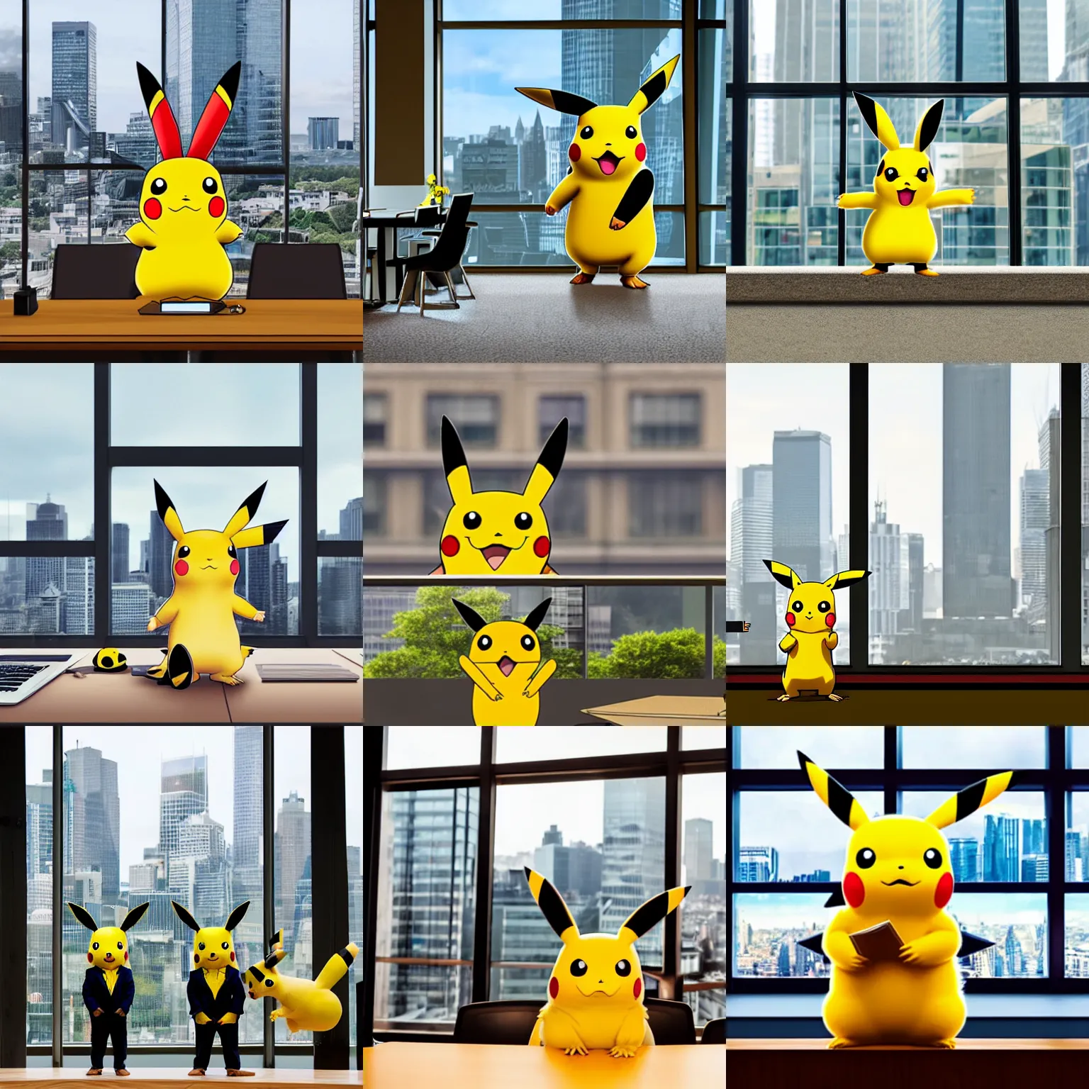 Prompt: pikachu dressed in suit doing a presentation for squirrels sitting at a business table, city views through the windows in the background