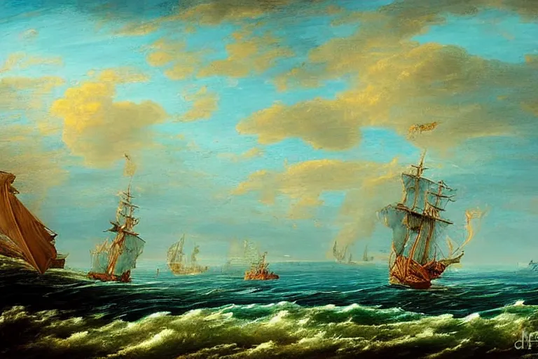 Image similar to beautiful ocean landscape man o war ship sailing with waves, mythology, fantasy, landscape background, vivid colors, digital painting, very detailed, realistic, high quality, by claude lorrain