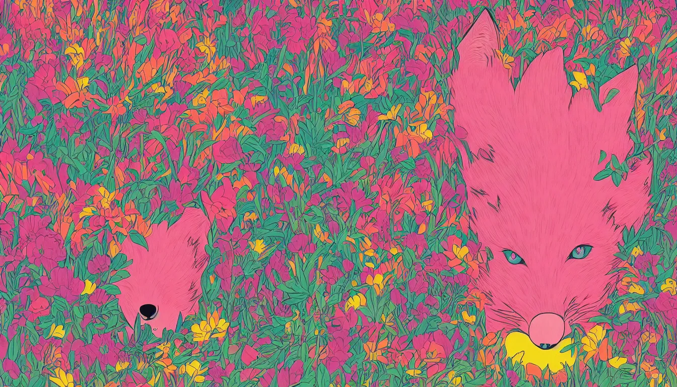 Prompt: pink fox head popping out of a field of multi colored flowers by Kilian Eng, minimalist, detailed