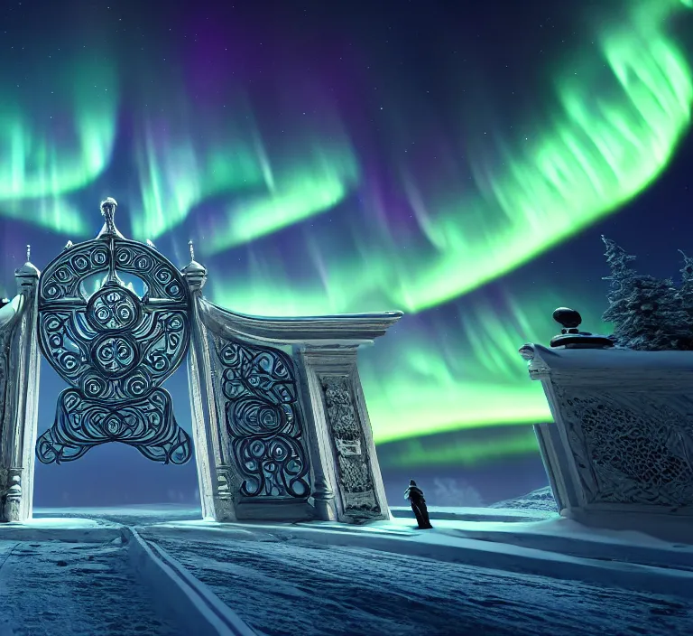 Image similar to a very detailed concept art of intricate and light gates to aurora borealis, trending on artstation, symmetry, digital art, 4 k, hyper realistic, octane render, sharp focus