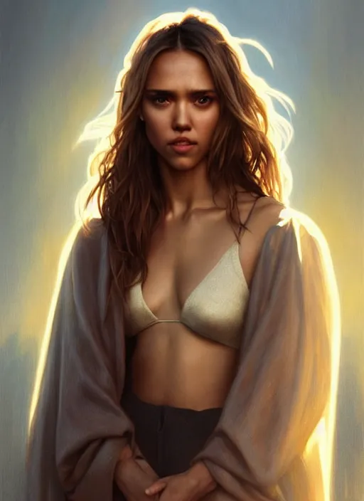 Image similar to half Jessica Alba half Nathalie Portman half scarlett johansonna pure seductive angel, full body portrait, slight smile, diffuse natural sun lights, autumn lights, highly detailed, digital painting, artstation, concept art, sharp focus, illustration, art by wlop and greg rutkowski and alphonse mucha and artgerm