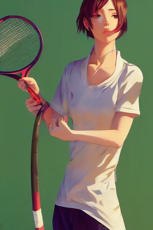 Prompt: a girl holding a tennis racket, full shot, intriguing outfit, fine - face, realistic shaded perfect body, fine details. night setting. very anime style. realistic shaded lighting poster by ilya kuvshinov katsuhiro, magali villeneuve, artgerm, jeremy lipkin and michael garmash, rob rey and kentaro miura style, trending on art station