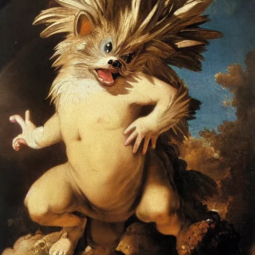 Image similar to a rococo painting of a sonic the hedgehog, intricate, ultra detailed, late baroque painting, art by giovanni battista tiepolo,