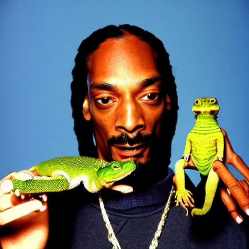 Prompt: Snoop Dogg holding his pet lizard for a 1990s sitcom tv show, Studio Photograph, portrait, C 12.0