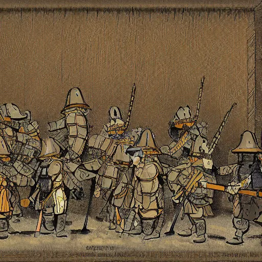Prompt: phalanx of ashigaru mice, digital painting by rembrandt
