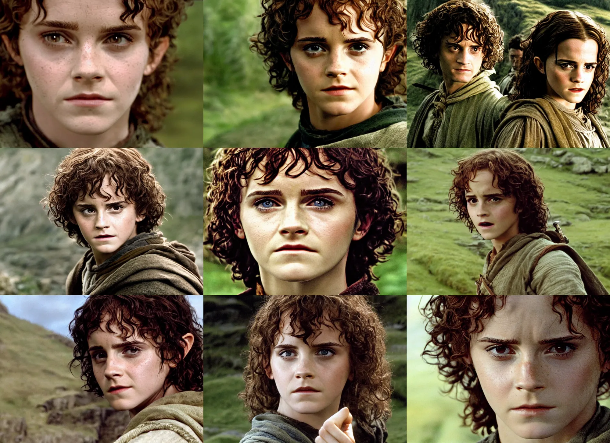 Prompt: medium shot of emma watson as frodo baggins in the lord of the rings : the fellowship of the ring ( 2 0 0 1 film ), detailed face, movie still frame, promotional image, imax 7 0 mm footage