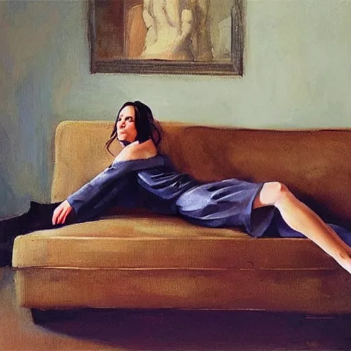 Image similar to portrait of jennifer love hewitt reclining on a couch greg manchess painting elegant, matte painting, illustration, hearthstone, trending on instagram