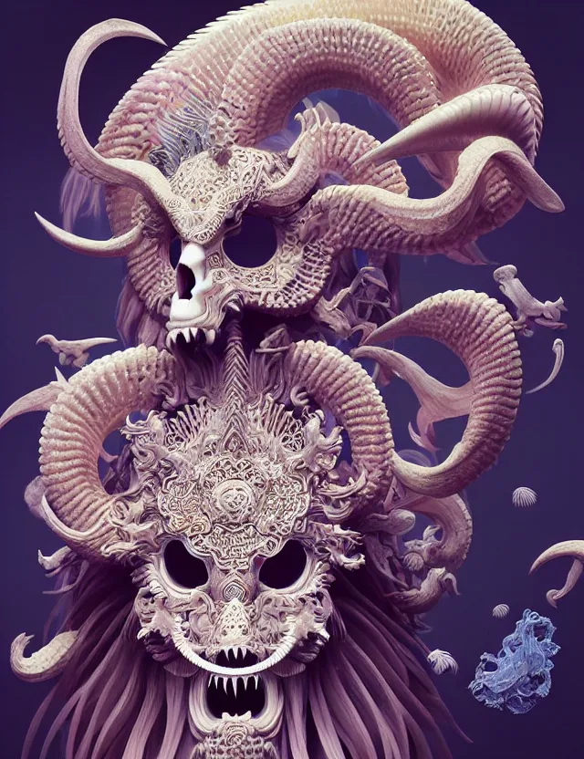 Image similar to 3 d goddess close - up profile portrait of satanic with ram skull. beautiful intricately detailed japanese crow kitsune mask and clasical japanese kimono. betta fish, jellyfish phoenix, bio luminescent, plasma, ice, water, wind, creature, artwork by tooth wu and wlop and beeple and greg rutkowski