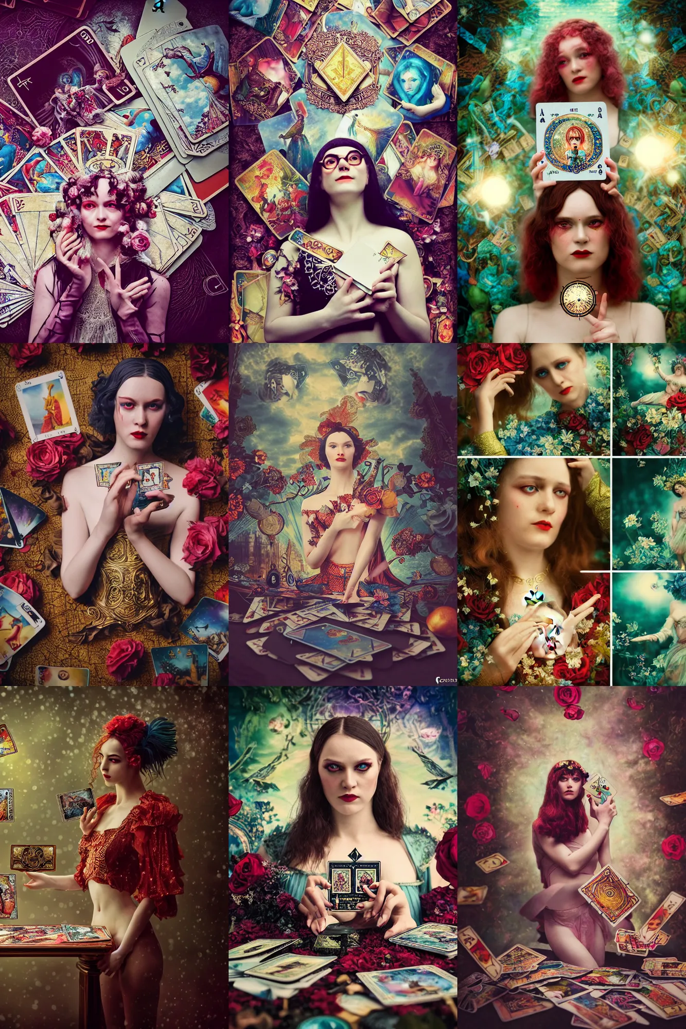 Prompt: Cinestill 50d, 8K, highly detailed, major arcana wachowski art deco nightmare Agnieszka Lorek tarot sun card style 3/4 still life, eye contact, focus on card, tilt shift background: famous major arcana tarot card remake, transformation scene