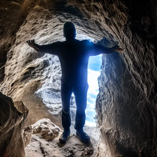 Prompt: photo inside a cave of a skyscraper and a giant glowing transparent shadow humanoid of one thousand feet of height