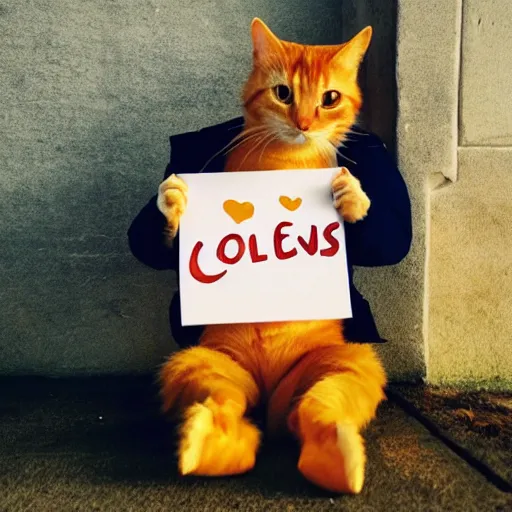 Image similar to golden hours, cute orange tabby cat holding a sign that says