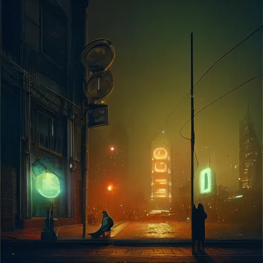 Image similar to some people waiting at bus stop in dark city night : : by beeple and james gilleard and justin gerard : :, centered, artstation, smooth, sharp focus, photoreal octane render, 3 d, by jean - baptiste monge!!!!!!!