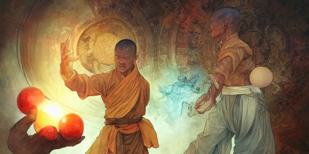 Prompt: shaolin monk holding an orb of light. fantasy, digital painting, 8 k, highly detailed. realistic award, disney concept art watercolor illustration by mandy jurgens, alphonse mucha and alena aenami