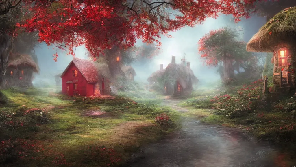 Image similar to fantasy red toadstool cottage suspended in the air, foggy atmosphere, volumetric lighting, fantasy artwork, very beautiful scenery, very realistic painting effect, hd, hdr, unreal engine 5, cinematic 4k wallpaper, 8k, ultra detailed, high resolution, artstation