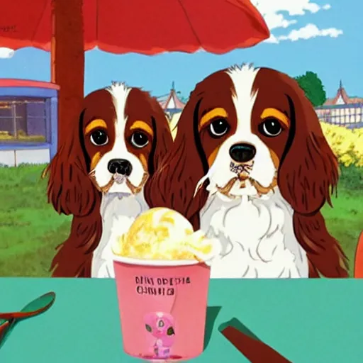 Prompt: king charles spaniel serving ice cream, ice cream store, by studio ghibli