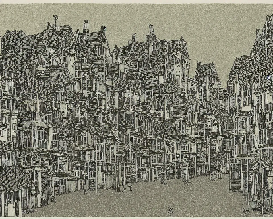 Image similar to achingly beautiful print of a street lined with townhouses bathed in moonlight by Hasui Kawase and Lyonel Feininger.