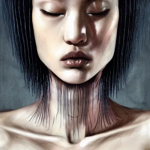 Image similar to Kiko Mizuhara unsettling scary terrifying, physically accurate, very dramatic dynamic lighting, intricate, very very elegant, highly detailed, digital painting, artstation, very hyperrealistic, very very very HR GIGER, very Bensinski, Hieronymus Bosch, Francis Bacon, concept art, smooth, sharp focus, illustration, art by artgerm and greg rutkowski and alphonse mucha