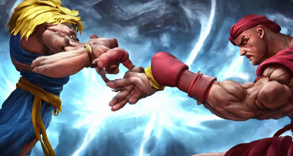 Image similar to Epic dramatic cinematic close-up character shot of a man pit against his mortal enemy in a thumb war for the fate of cosmic reality. Digital art. Street Fighter V game concept art.