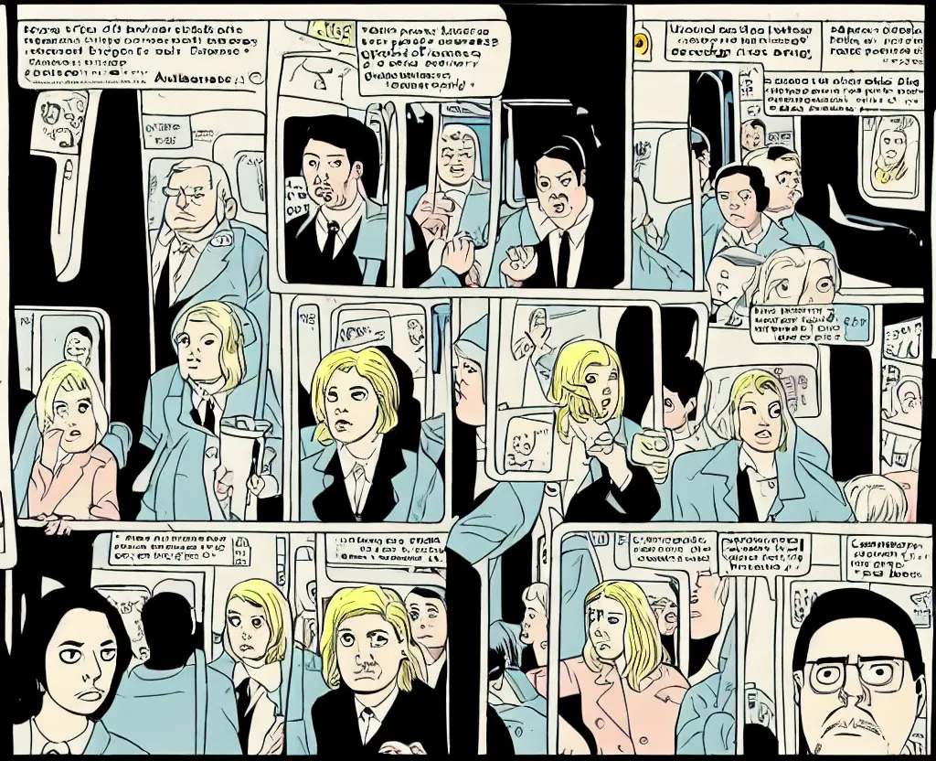 Image similar to comic panel drawn in the style of Daniel Clowes and Adrian Tomine and Gabrielle Bell, of a sad woman in a parka who looks like Aubrey Plaza, sitting near a slightly overweight friendly middle-aged German businessman in a suit, with short blond hair and mustache, in a mostly empty Chicago subway train, full-figure ¾ angle