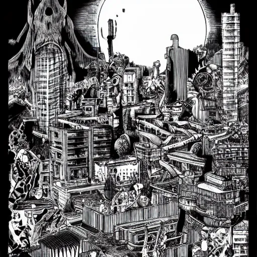 Prompt: [ large city ] ( by kim jung gi ) ( by george morikawa ) ( by kentaro miura ) ( by eiichiro oda )