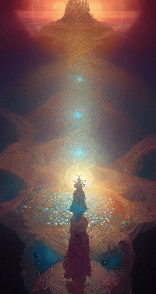 Prompt: the three suns, fractal crystal, mesmerizing fantasy digital painting by artgem, victo ngai, intricate flower tiara, delicate, beautifully lit, muted colors, highly detailed, artstation, sharp focus, fantasy art by craig mullins, thomas kinkade