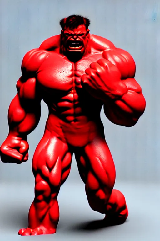 Image similar to 3d print of red hulk, cinematic, photograph