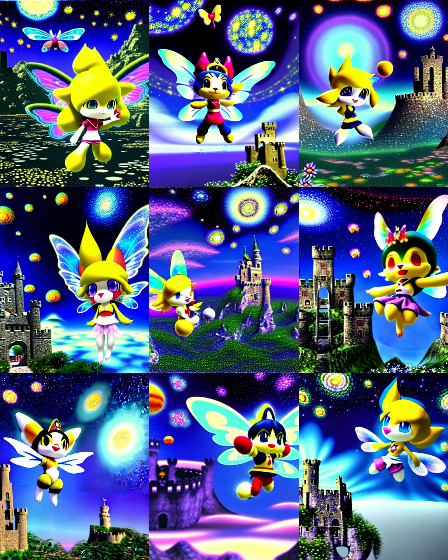 Prompt: 3 d render of chibi fairy klonoa flying in a starry night sky in cybernetic mountain landscape with castle ruins against a psychedelic surreal background with 3 d butterflies and 3 d flowers n the style of 1 9 9 0's cg graphics, lsd dream emulator psx, 3 d rendered y 2 k aesthetic by ichiro tanida, 3 do magazine, wide shot