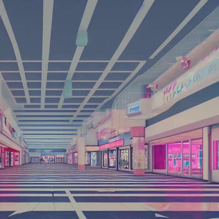 Image similar to vaporwave 7 0 s dreamy empty empty shopping mall, highly detailed, 3 d render, vray, octane, realistic lighting, photorealistic