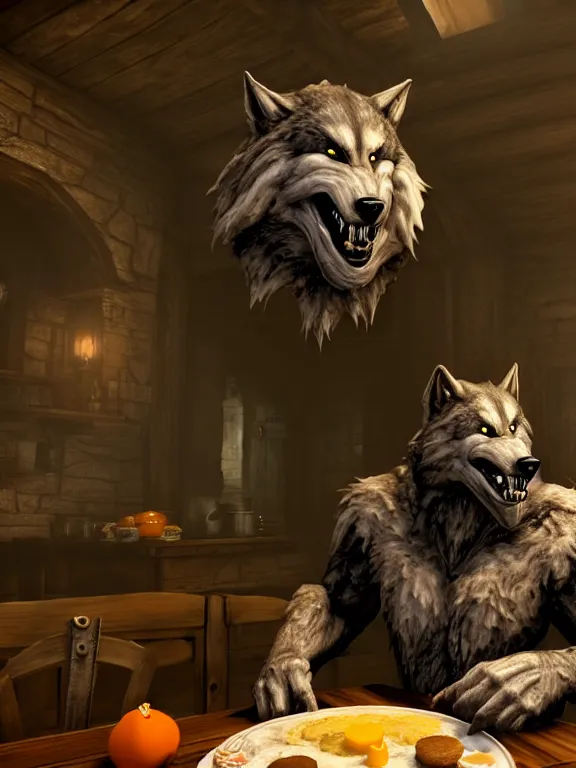 Image similar to cute handsome cuddly burly surly relaxed calm timid werewolf from van helsing sitting down at the breakfast table in the kitchen of a normal suburban home staring longingly at a delicious cupcake with orange frosting unreal engine hyperreallistic render 8k character concept art masterpiece screenshot from the video game the Elder Scrolls V: Skyrim