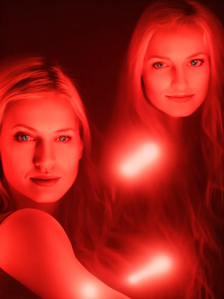 Image similar to photograph of a pretty blond woman illuminated with red light, soft light, night