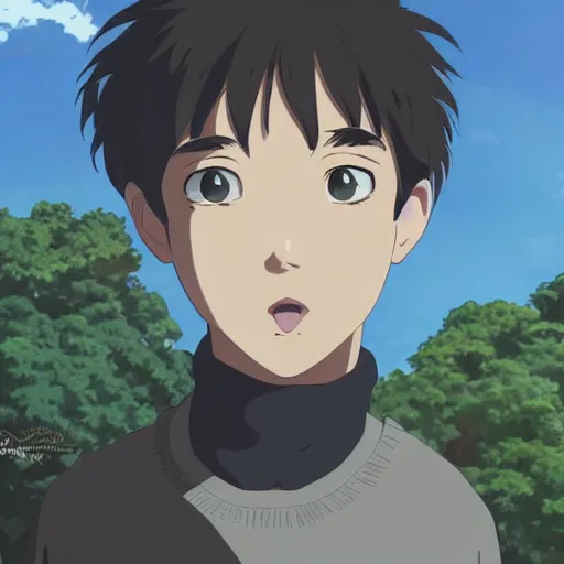 Prompt: teenager boy with Fragile looking beautiful portrait face looking up made by Studio Ghibli highly detailed art, beautiful scene, sharp focus, smooth, 8k, anime art, nostalgic