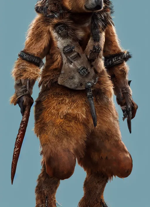 Image similar to detailed full body concept art illustration, oil painting on canvas of an anthropomorphic capybara barbarian in full intricate clothing, biomutant, dystopian, micro detail, octane render, 4K