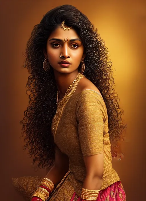 Prompt: highly detailed, a beautiful half body portrait, dark background, gorgeous south asian brown woman, traditional wear, very sharp focus on face, professionally retouched, studio lighting, realistic, gorgeous eyes, curly hair, wide angle, sharp focus on the eyes, 8 k high definition, insanely detailed, intricate, elegant, gorgeous, art by artgerm and wlop