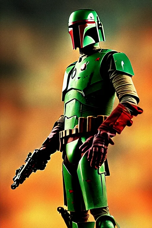 Image similar to boba fett x iron man, digital art, movie still from blade runner,