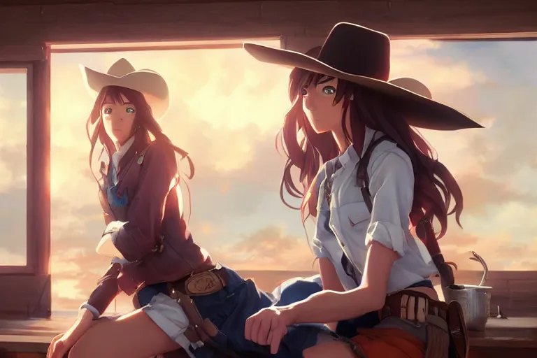 Image similar to cowgirl western girlfriend, scenic full shot, ambient lighting, detailed face, by makoto shinkai, stanley artgerm lau, wlop, rossdraws