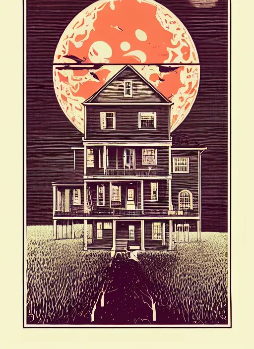 Prompt: house from The Amityville Horror (1979), Kilian Eng, Dan Mumford, detailed