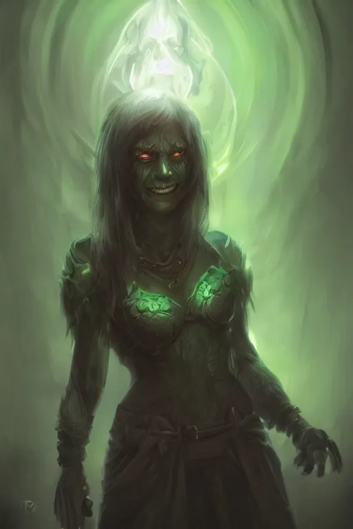 Prompt: half - length portrait, necromancer smiling, ominous. green lighting,. fantasy, digital painting, hd, highly detailed.