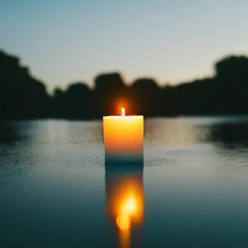 Prompt: Candle floating on the river at twilight