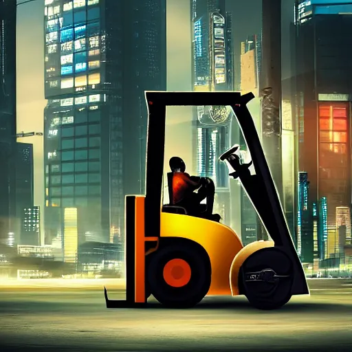 Image similar to Beatiful cyberpunk photograph of a forklift driving down a cyberpunk city