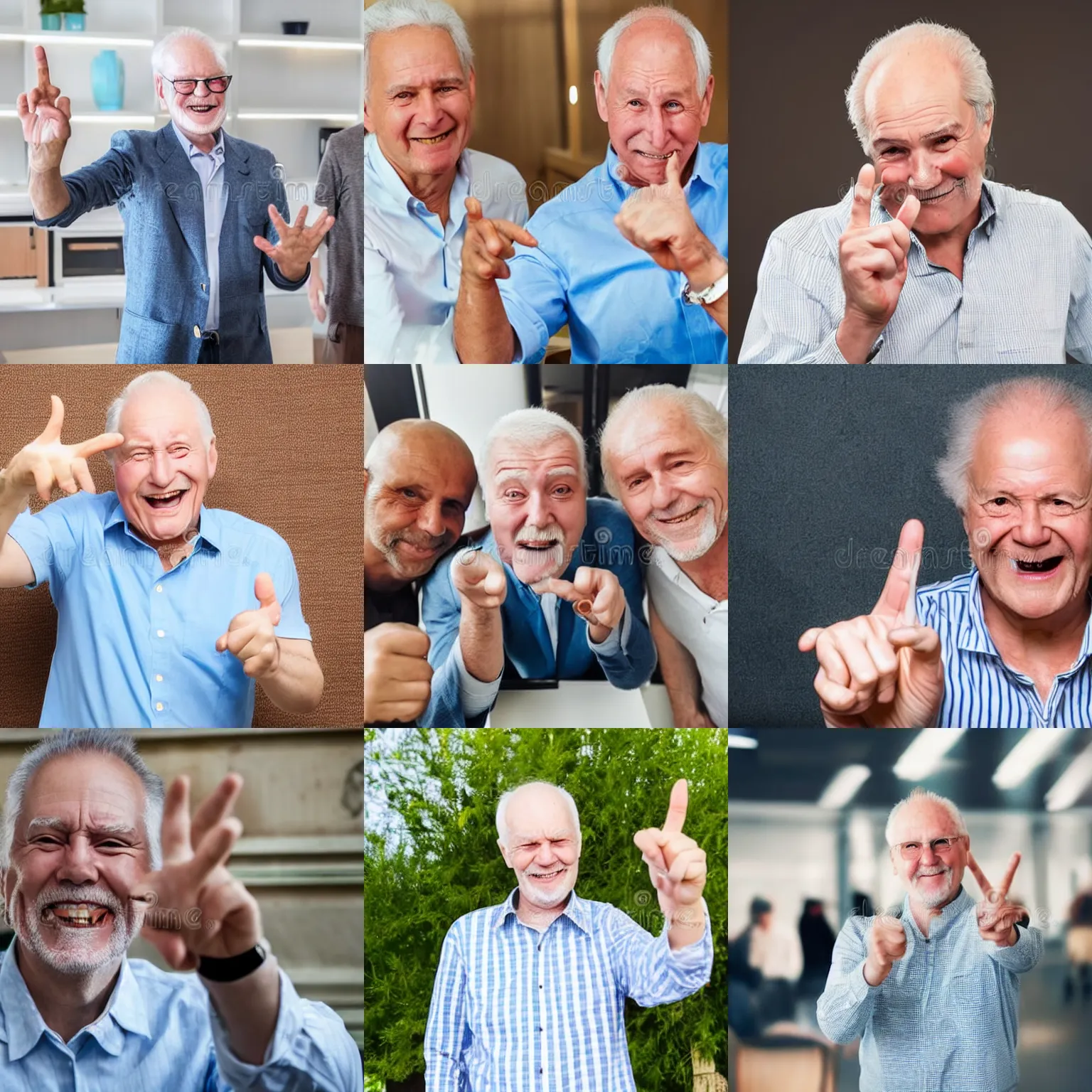 Prompt: happy looking hide the pain harold pointing his hand and index finger at the camera, white guy, stock photo