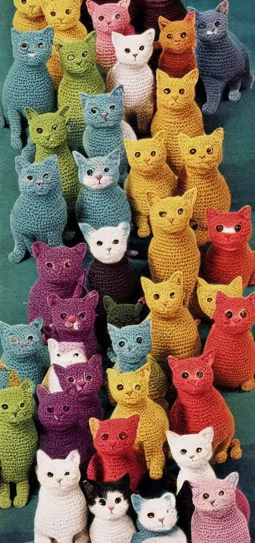 Image similar to multicolored crocheted cats, 1 9 5 0 s catalogue photo,